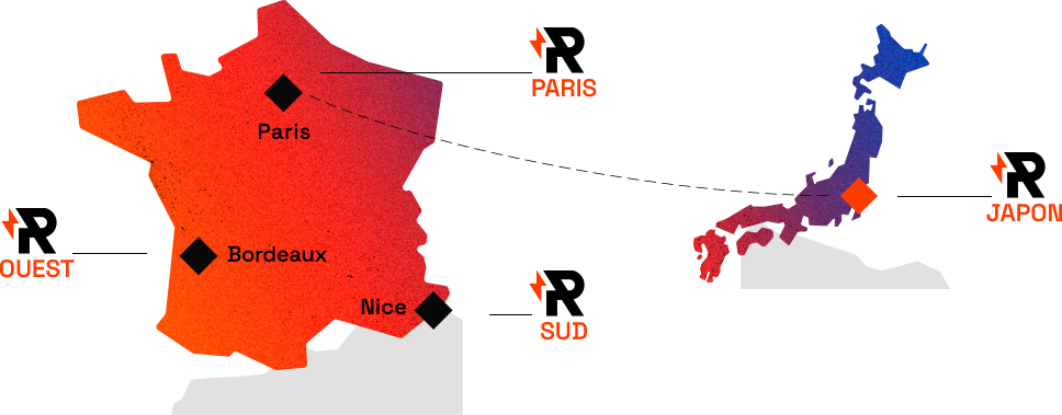 Carte des antennes RevolutionR : Paris, Ouest (Bordeaux), Sud (Nice) et Japon