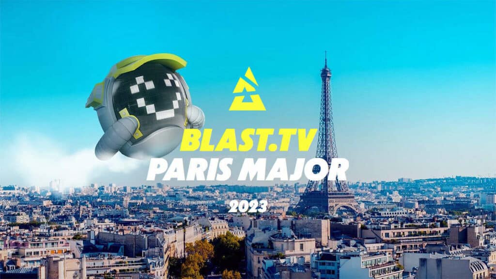 Mascotte de Blast.TV flottant devant paris et la tour eiffel - Affiche BLAST.TV PARIS MAJOR 2023